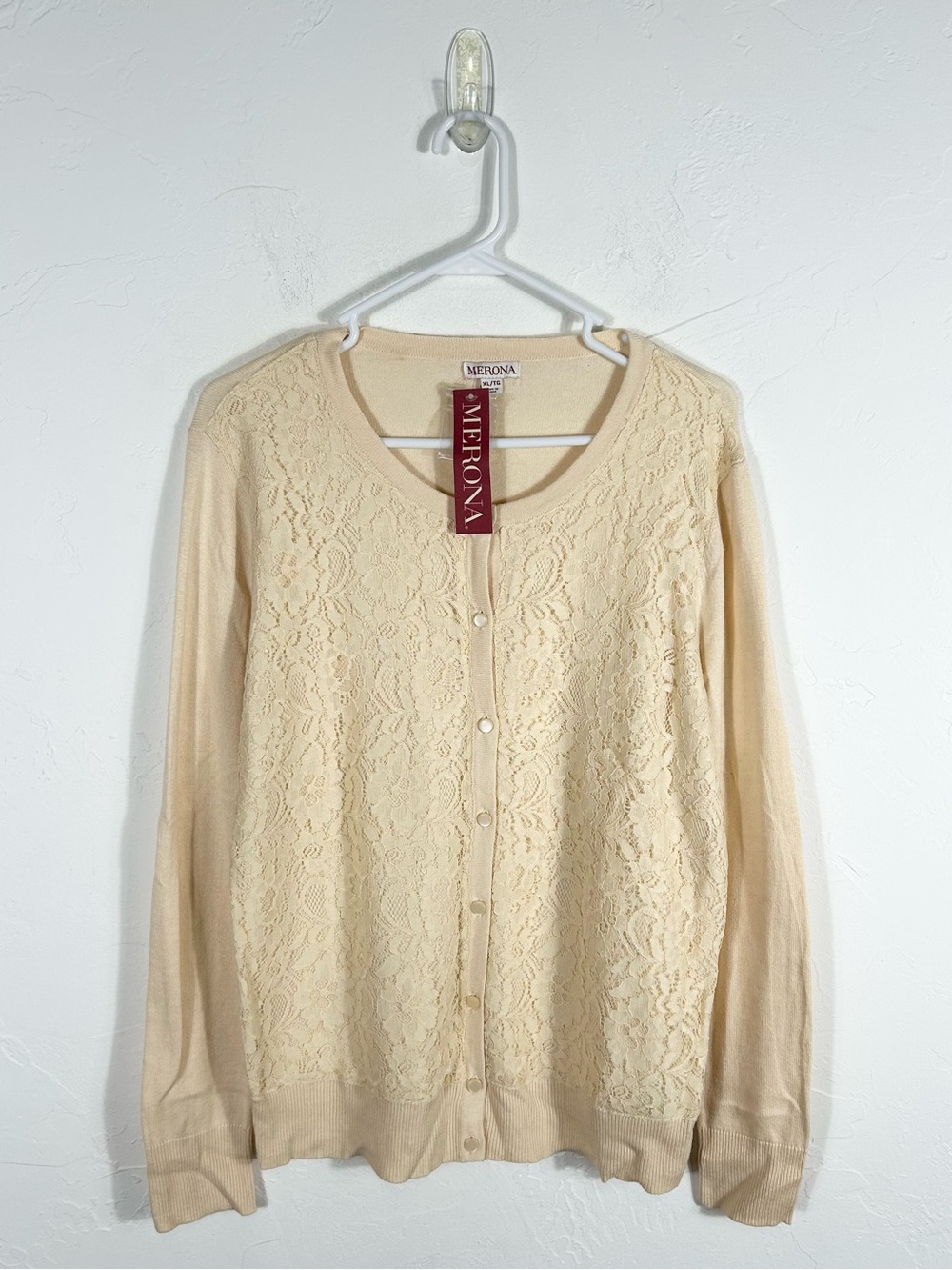 Merona Cream Beige Lace Front Button Up Cardigan Sweater Size XL NWT